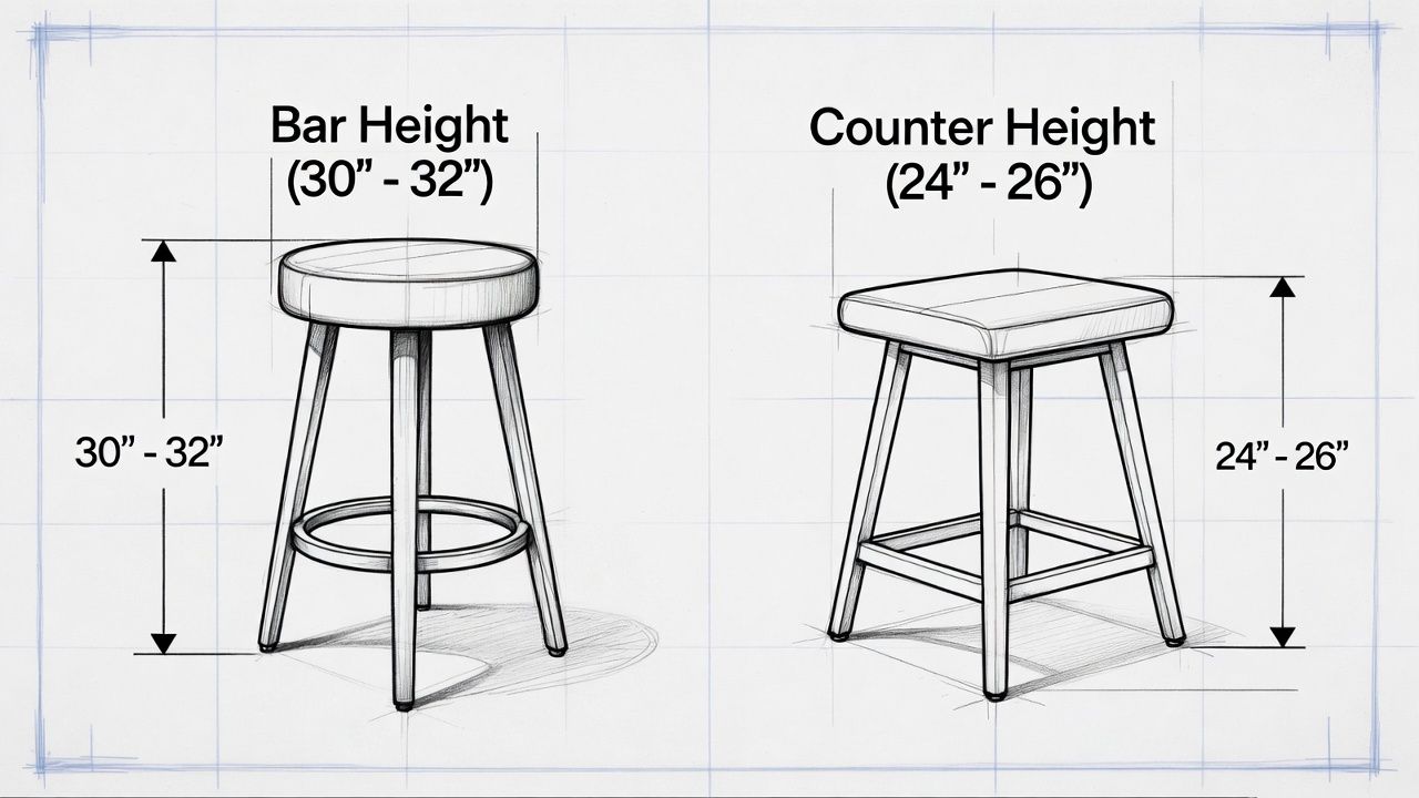 Diagram of bar stool heights: 30–32 in bar height and 24–26 in counter height.