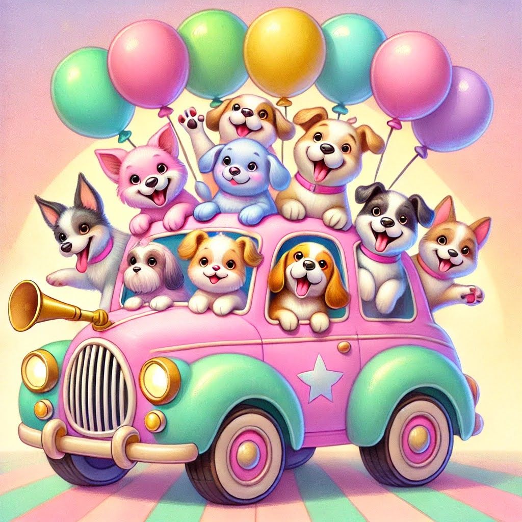 Cartoon of a clown car full of dogs celebrating for Doggy K Care origin story