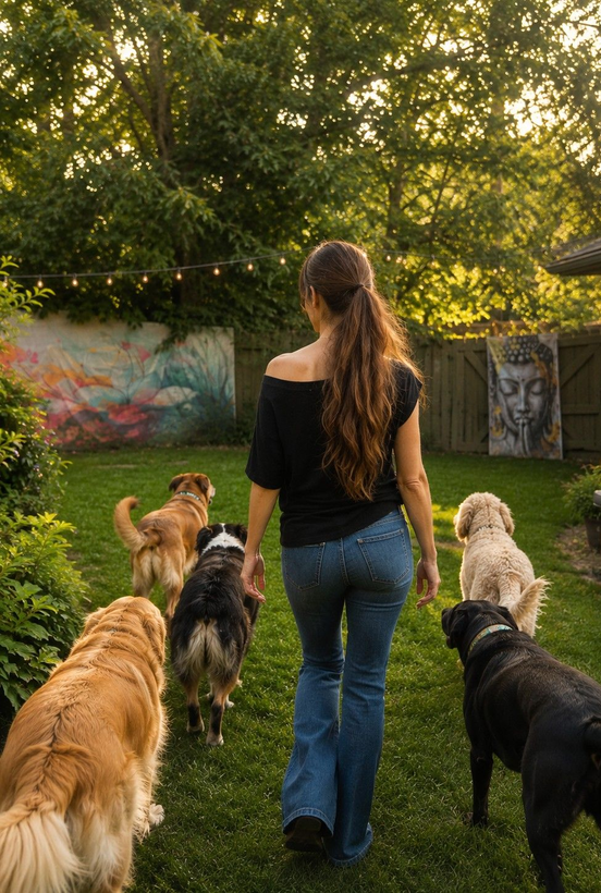 Kasey Dirga with Doggy K Care walking in fenced yard with a pack of dogs