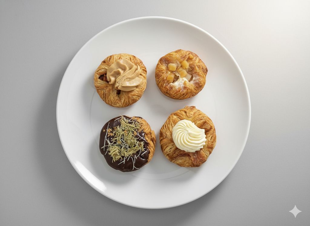 Four pastries with different toppings on a white plate.