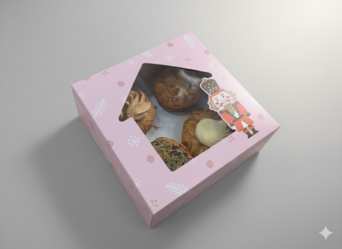 Pink box of pastries with a window showing treats; a decorative soldier sticker is on the box.