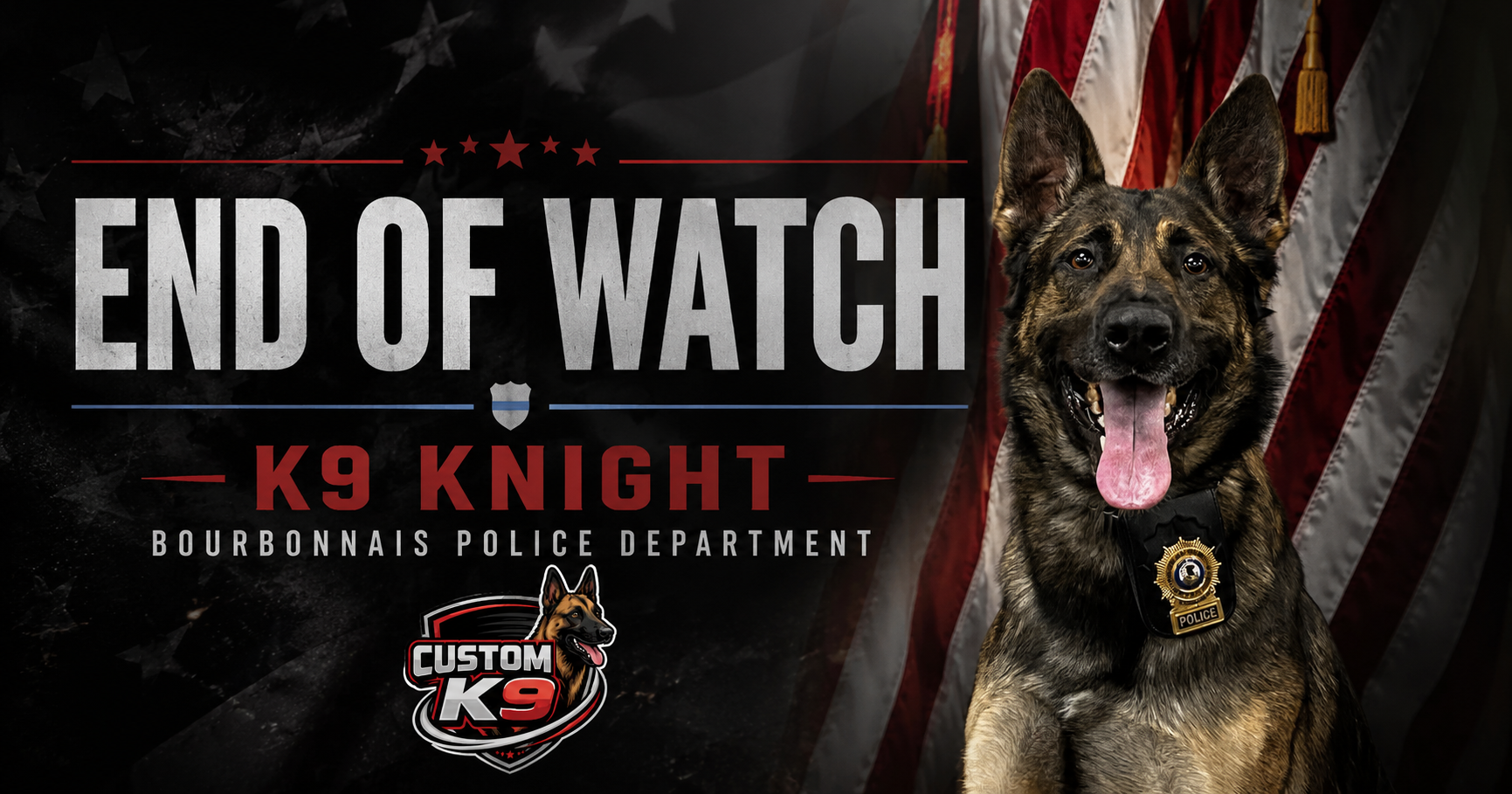 K9 memorial graphic with a police dog, U.S. flag background, and text “End of Watch” and “K9 Knight”
