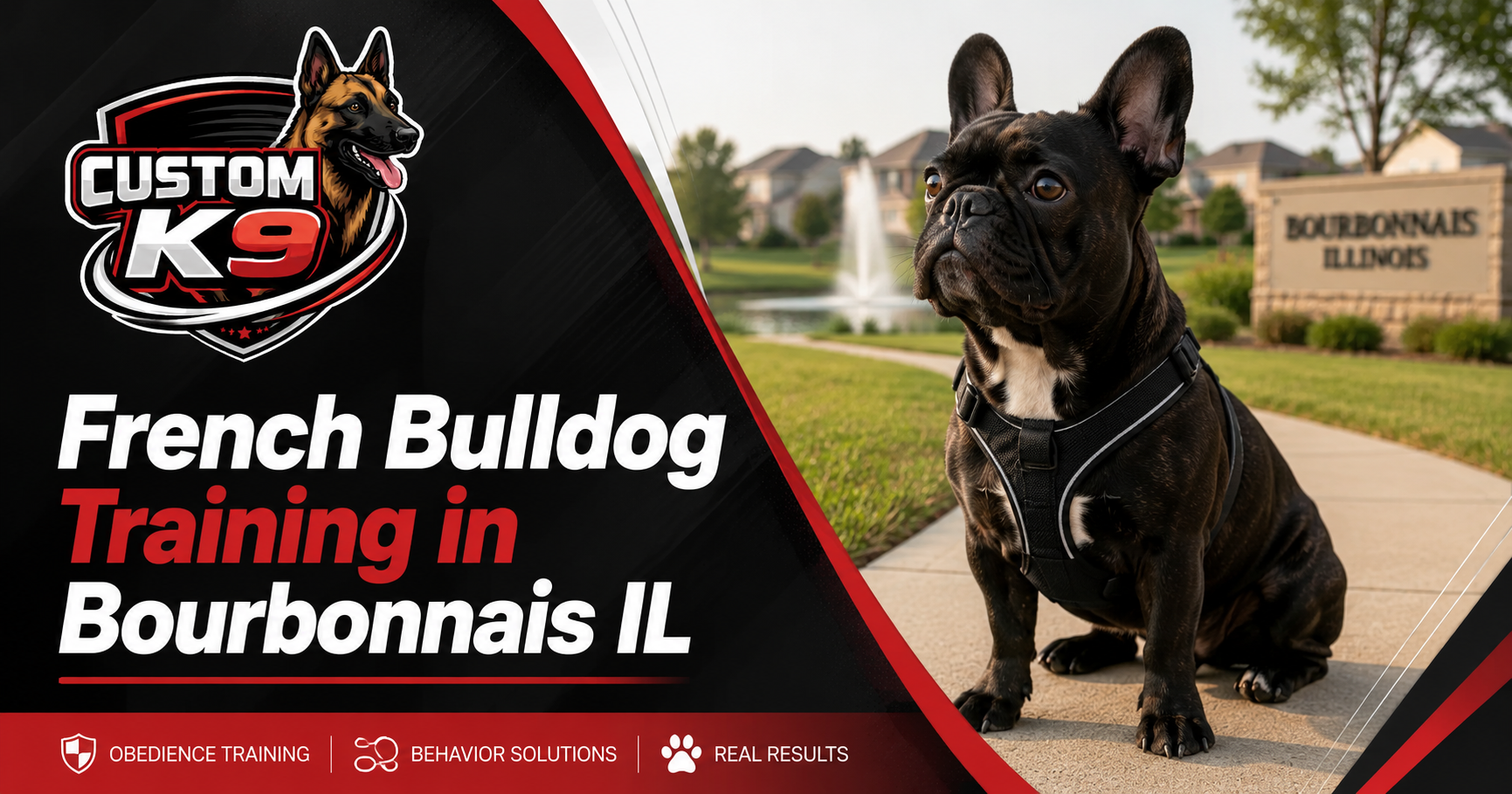 Custom K9 French Bulldog training in Bourbonnais, IL, with black dog sitting outdoors by a fountain