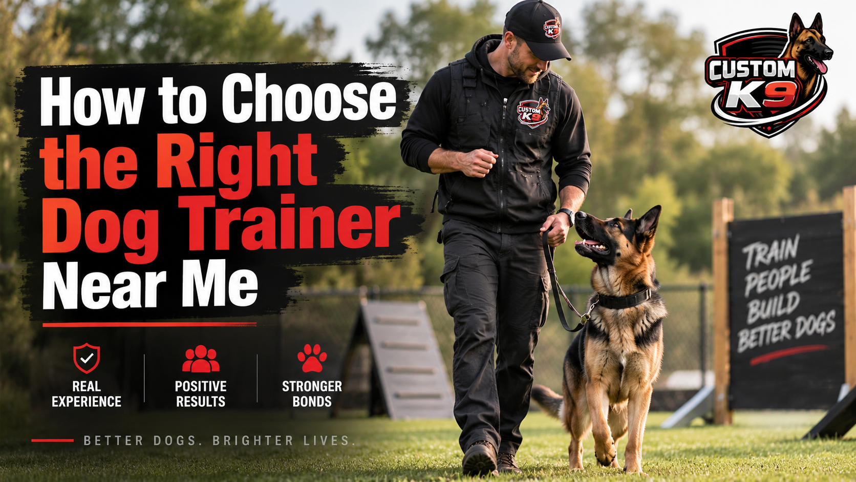 Dog trainer ad with man in black handling a German Shepherd; text says “How to Choose the Right Dog Trainer Near Me.”
