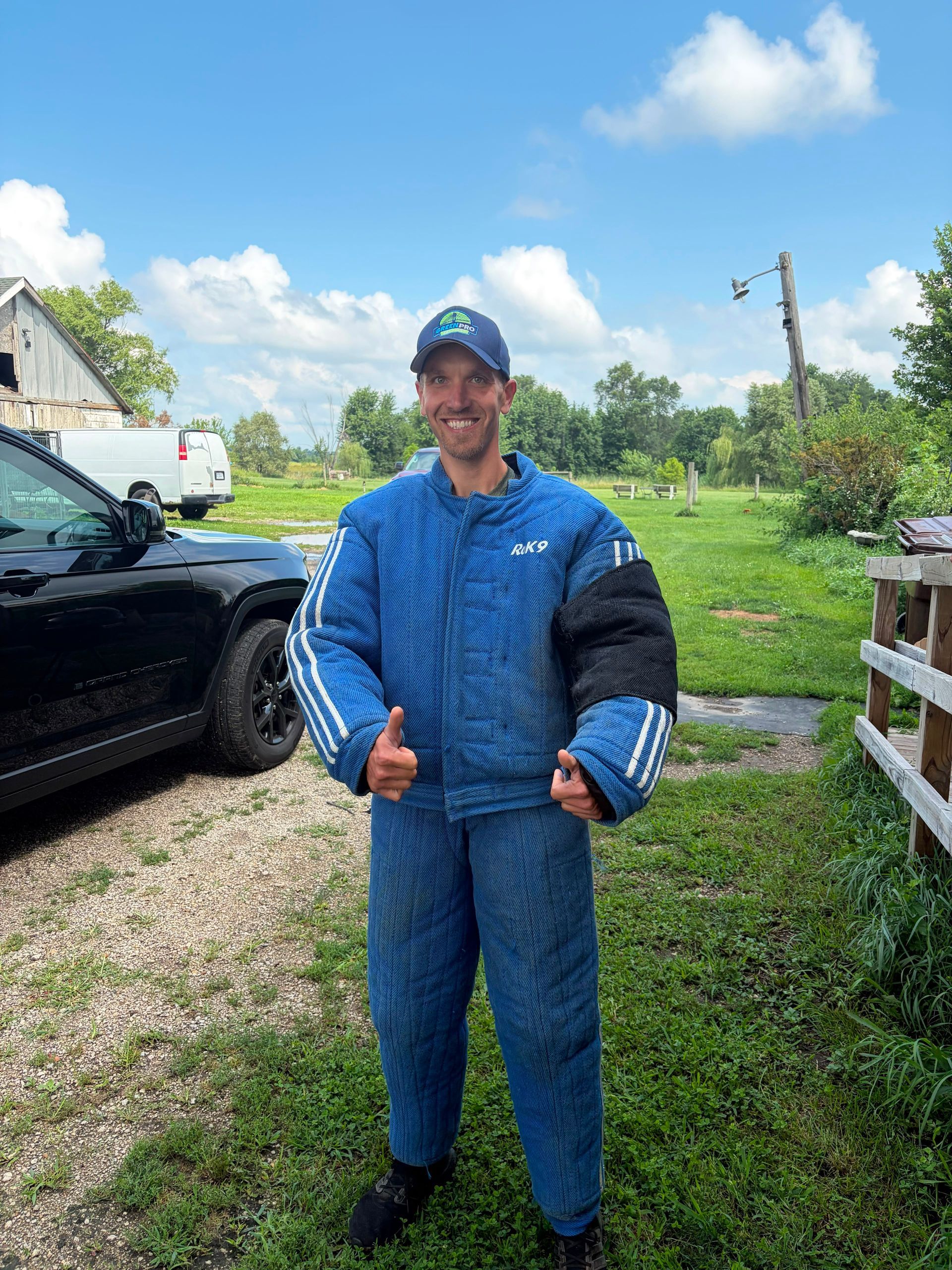 Jeremiah Green wearing a PSA bite suit for the first time at Custom K9 Dog Training in Bourbonnais Illinois