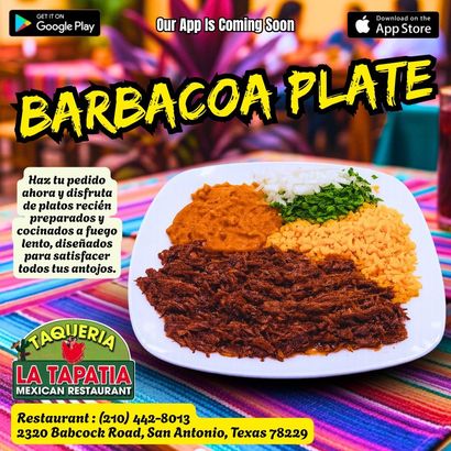Barbacoa plate with rice and beans on a restaurant ad for La Tapatia Mexican Restaurant.