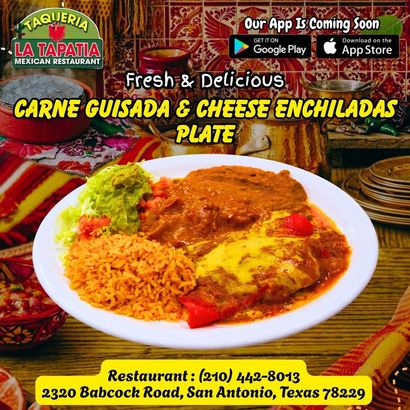 Carne guisada and cheese enchiladas plate on a restaurant ad with contact info and app icons