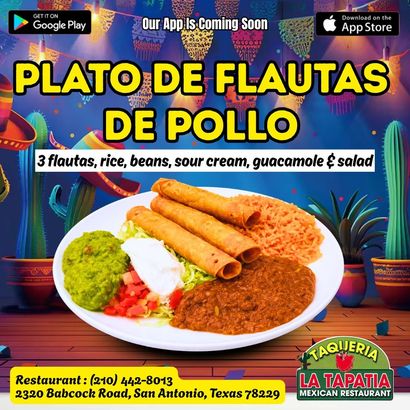 Mexican restaurant ad for plato de flautas de pollo with rice, beans, sour cream, guacamole and salad