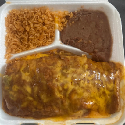 Takeout meal tray with rice, refried beans, and a cheese-covered enchilada.
