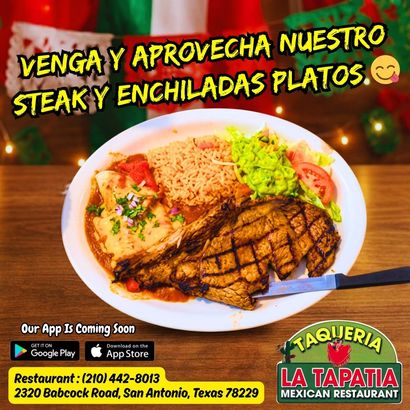 Mexican restaurant ad showing steak and enchiladas on a plate with logo, app icons, and contact info