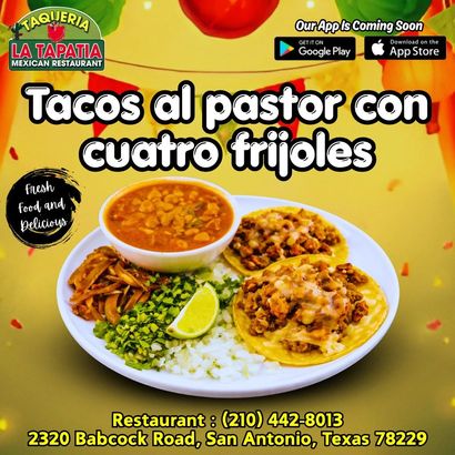Menu ad for tacos al pastor with four beans on a plate, rice, salsa, and lime on a yellow background