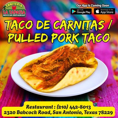 Taco de carnitas pulled pork taco on a plate with bright colorful background and restaurant branding