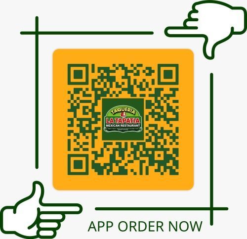 Yellow QR code with green border and thumbs-up icons, labeled “APP ORDER NOW”