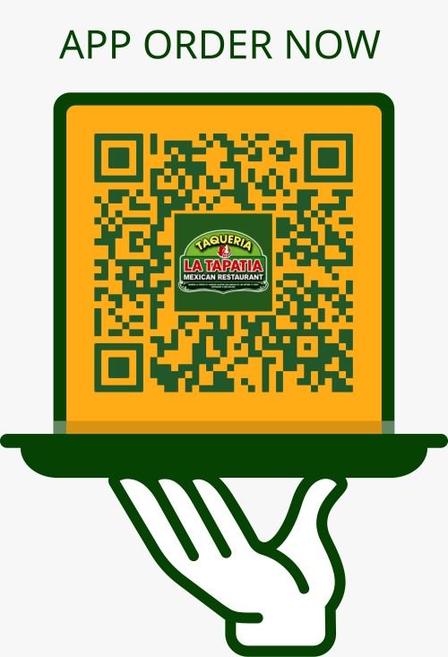 “APP ORDER NOW” text above a green QR code held by a hand icon on a phone stand