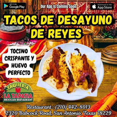 Restaurant ad for “Tacos de desayuno de reyes” with crispy bacon and perfect eggs on a plate