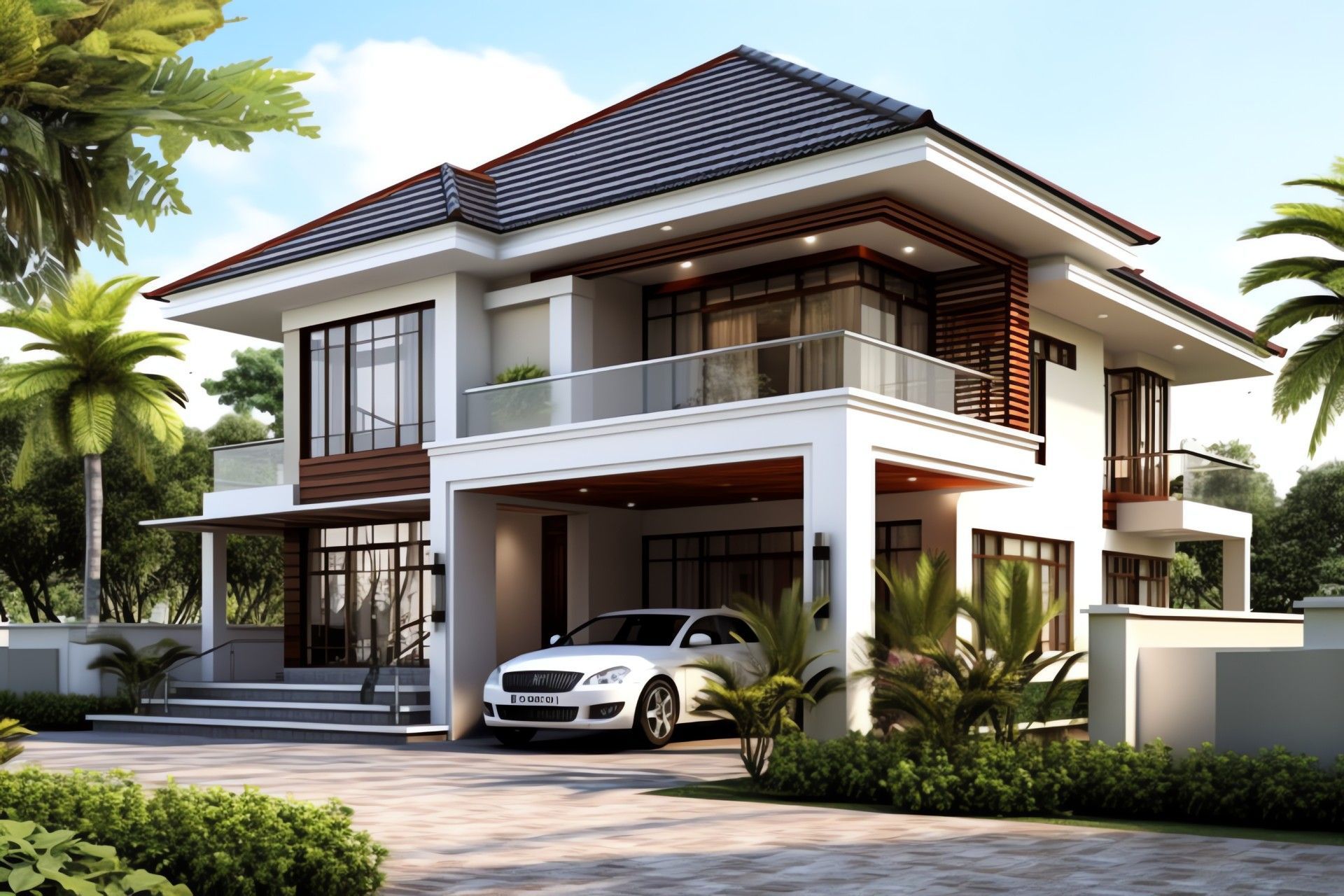 Two-story modern white house with car parked beneath a covered area; palm trees and green bushes are in the yard.