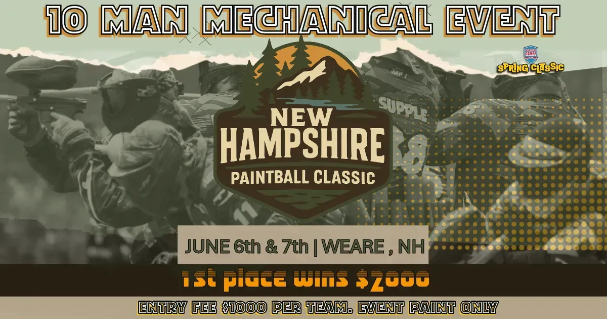 Event advertisement: New Hampshire Paintball Classic, June 7-8, Weare, NH. Features players, text, green/brown colors.