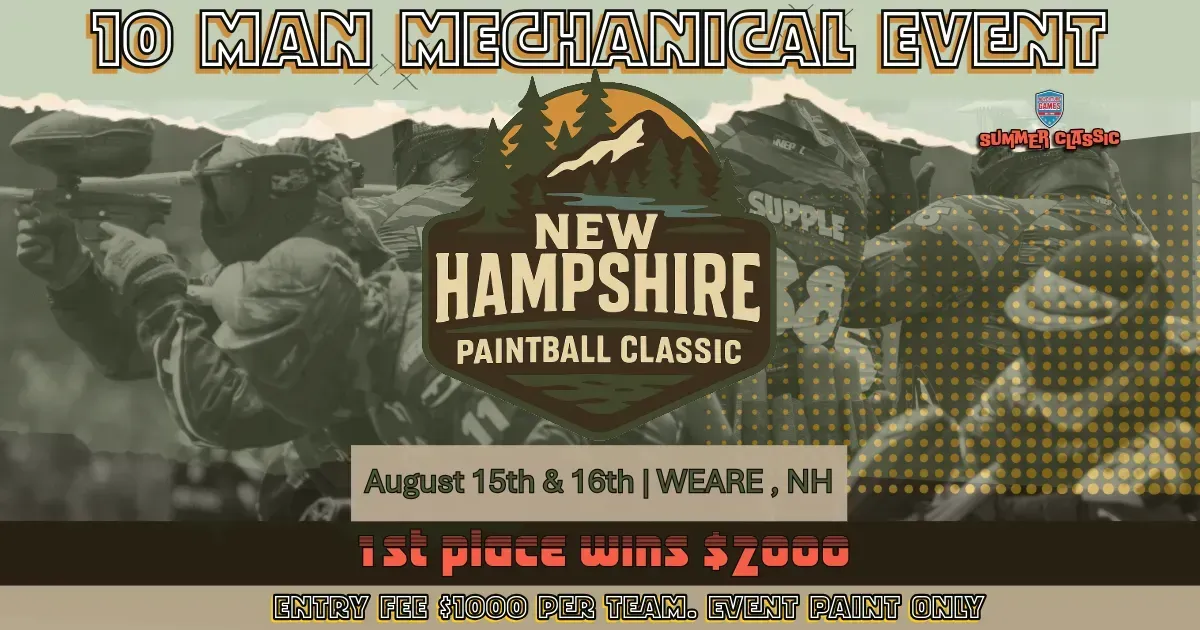Event advertisement: New Hampshire Paintball Classic, June 7-8, Weare, NH. Features players, text, green/brown colors.