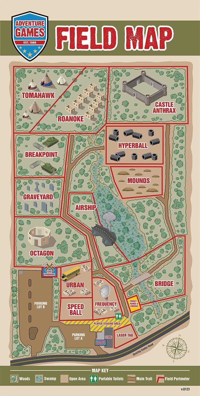 Field map: camping area, paintball field, lake, buildings, trails. Various activities and structures are represented.