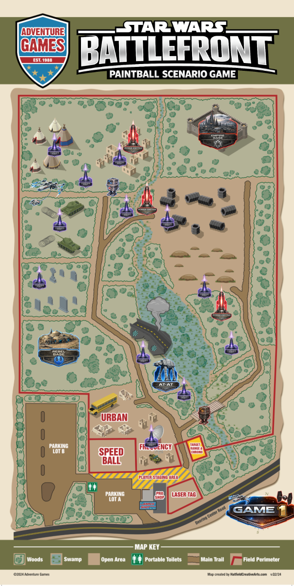 Map of a scenario for the 35th Anniversary, with flags and structures in a wooded area.