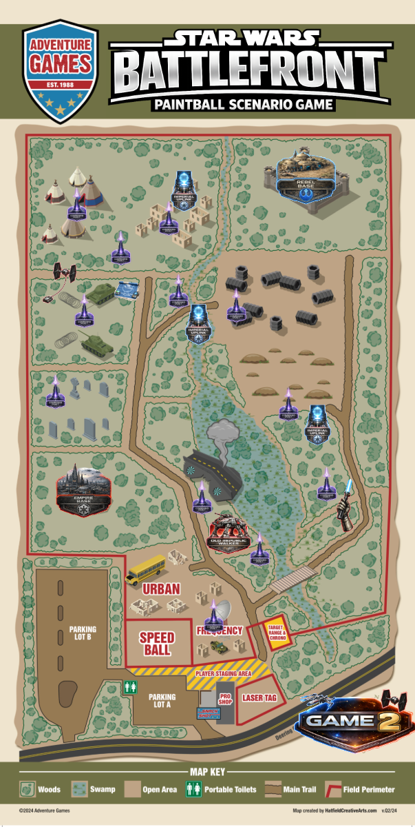 Map of a scenario for a game, showing areas, buildings, and teams (red and blue) set in an outdoor location.