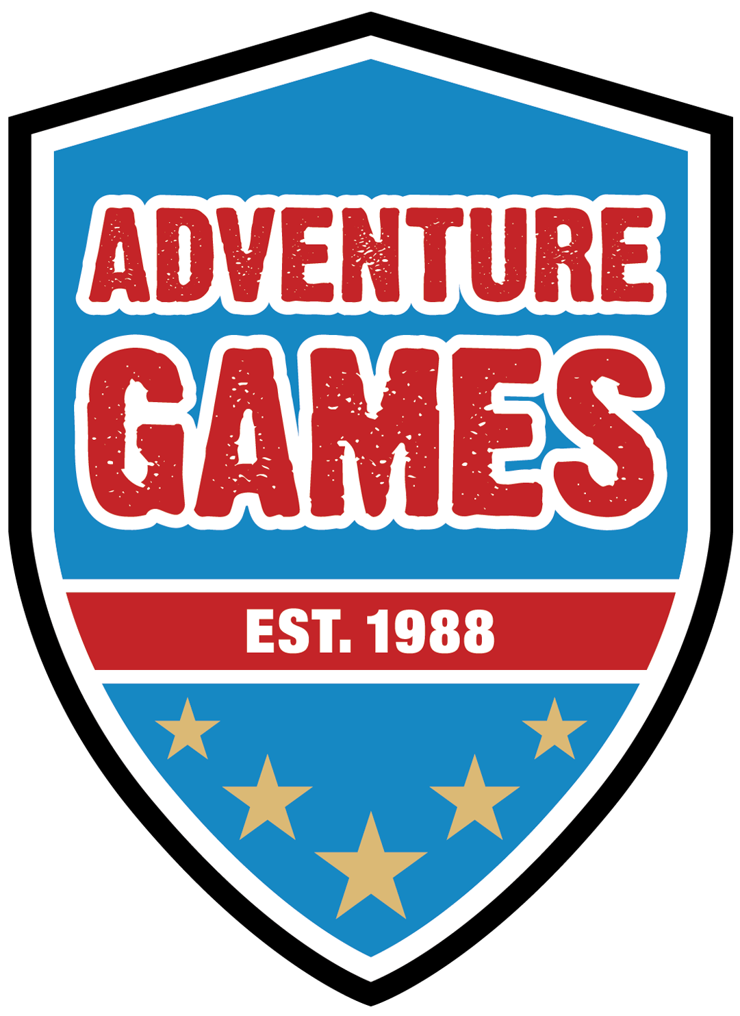 Logo for Adventure Games: red text on blue background, shield shape, stars, 