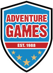 Logo for Adventure Games: red text on blue background, shield shape, stars,