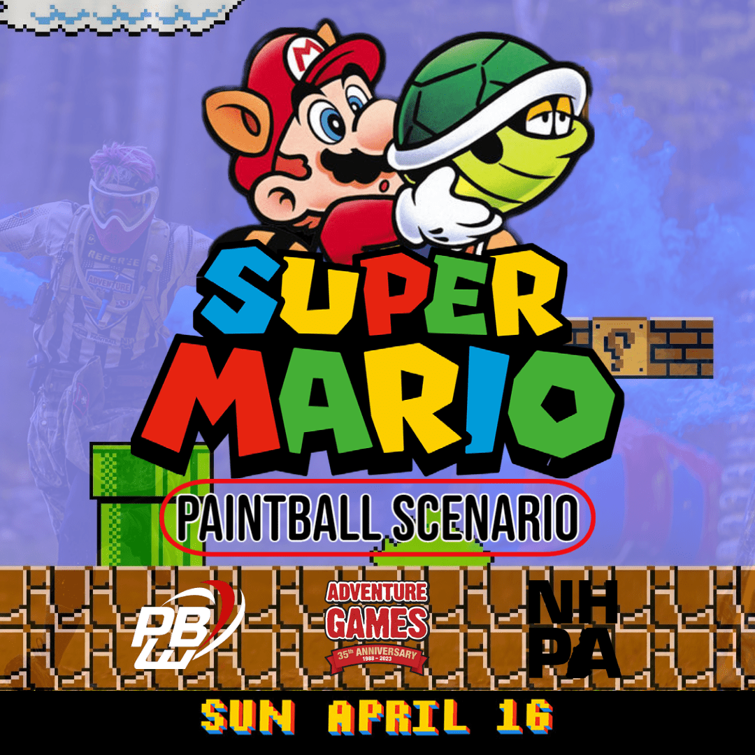 Super Mario paintball scenario poster. Mario holding a Koopa Troopa, text,