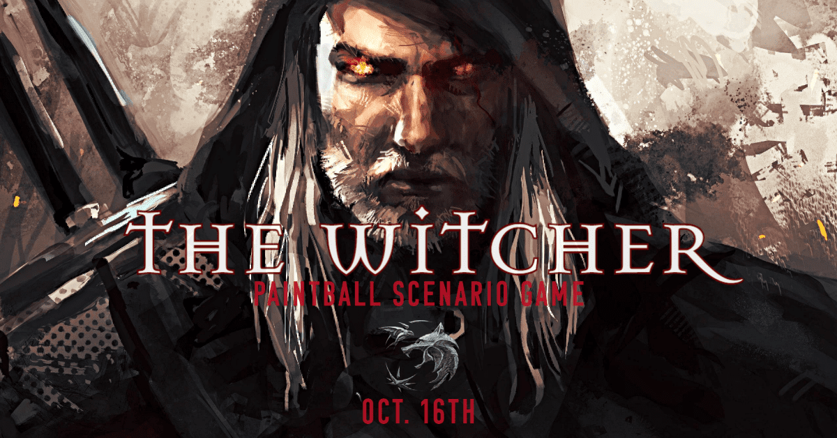 Geralt from The Witcher, intense gaze, drawn swords, text