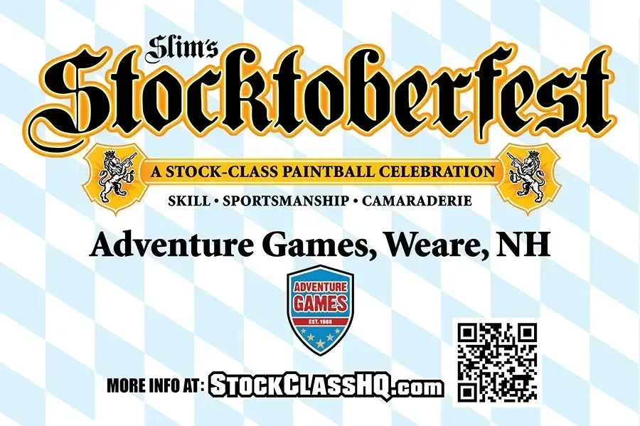 Stocktoberfest event advertisement at Adventure Games in Weare, NH. A stock-class paintball celebration with website link.