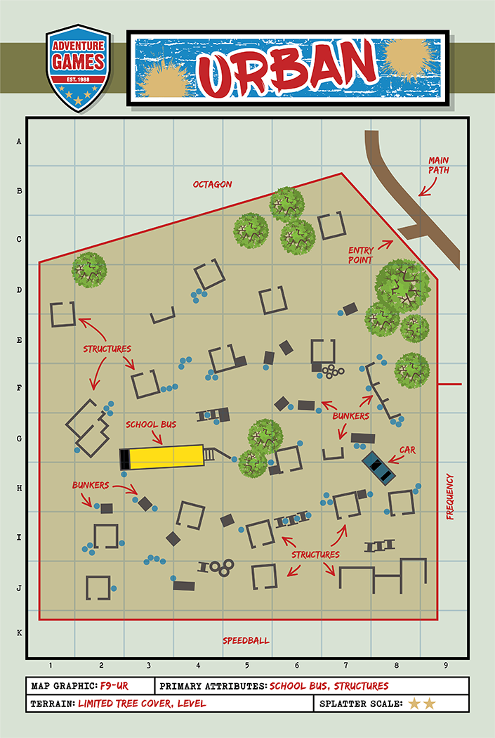Urban paintball arena map; tan background, several small buildings, trees, and obstacles labeled.