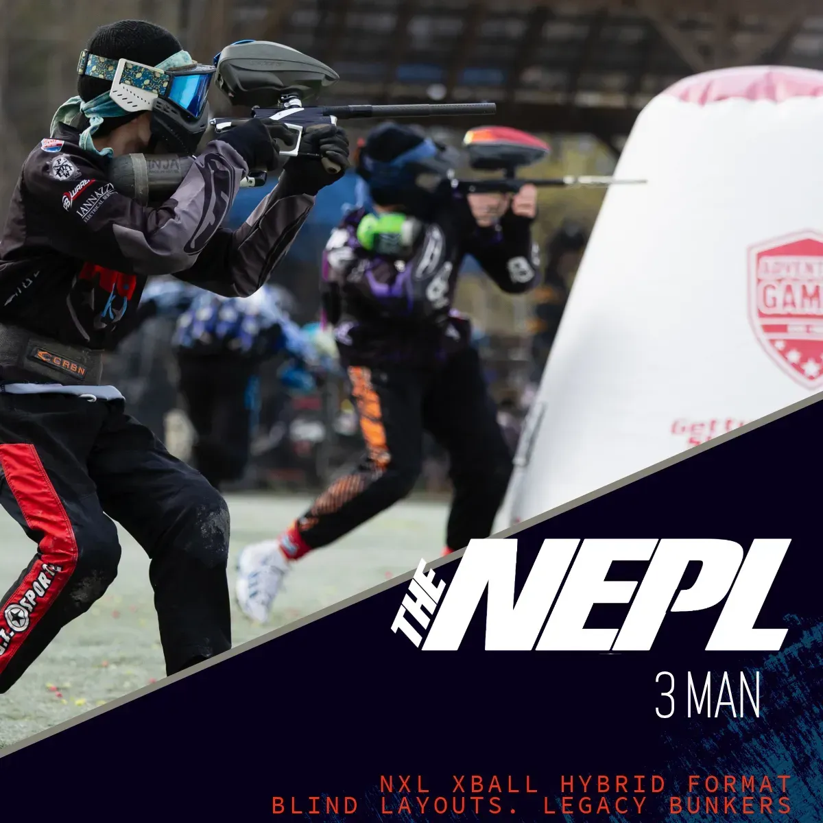 Paintball players in action at an outdoor event.