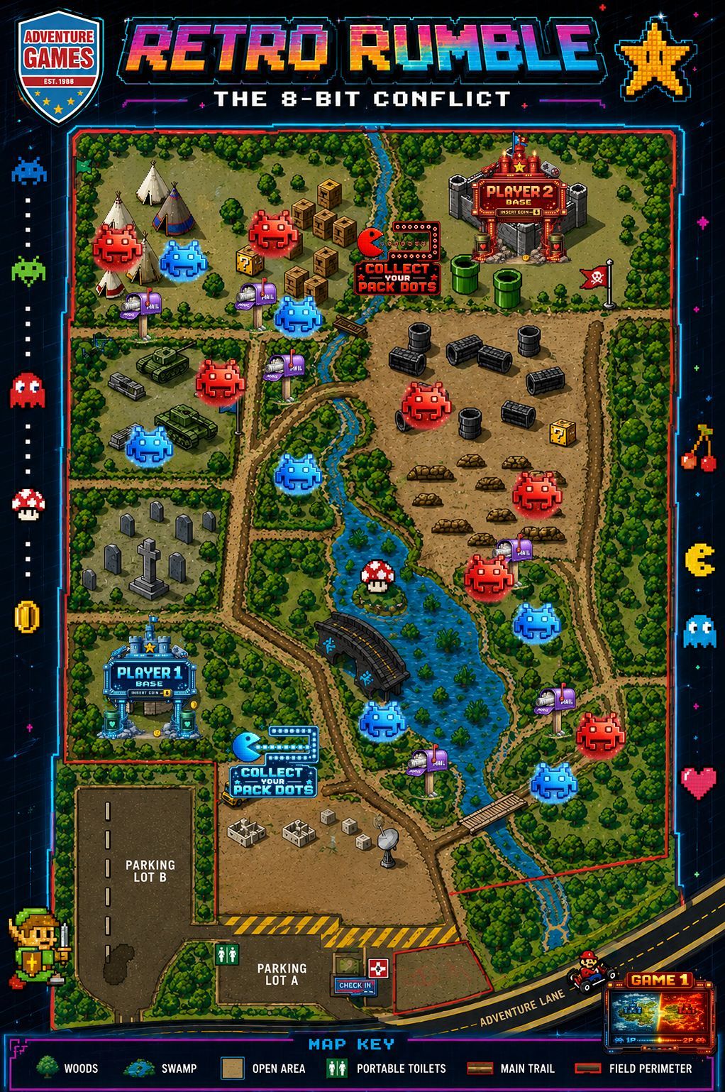 Map of a scenario for the 35th Anniversary, with flags and structures in a wooded area.