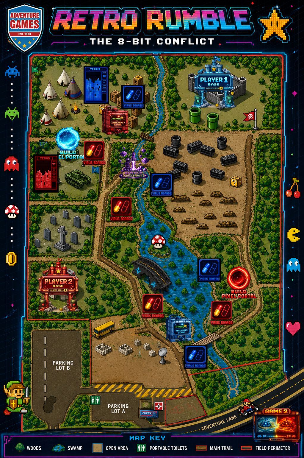 Map of a scenario for a game, showing areas, buildings, and teams (red and blue) set in an outdoor location.
