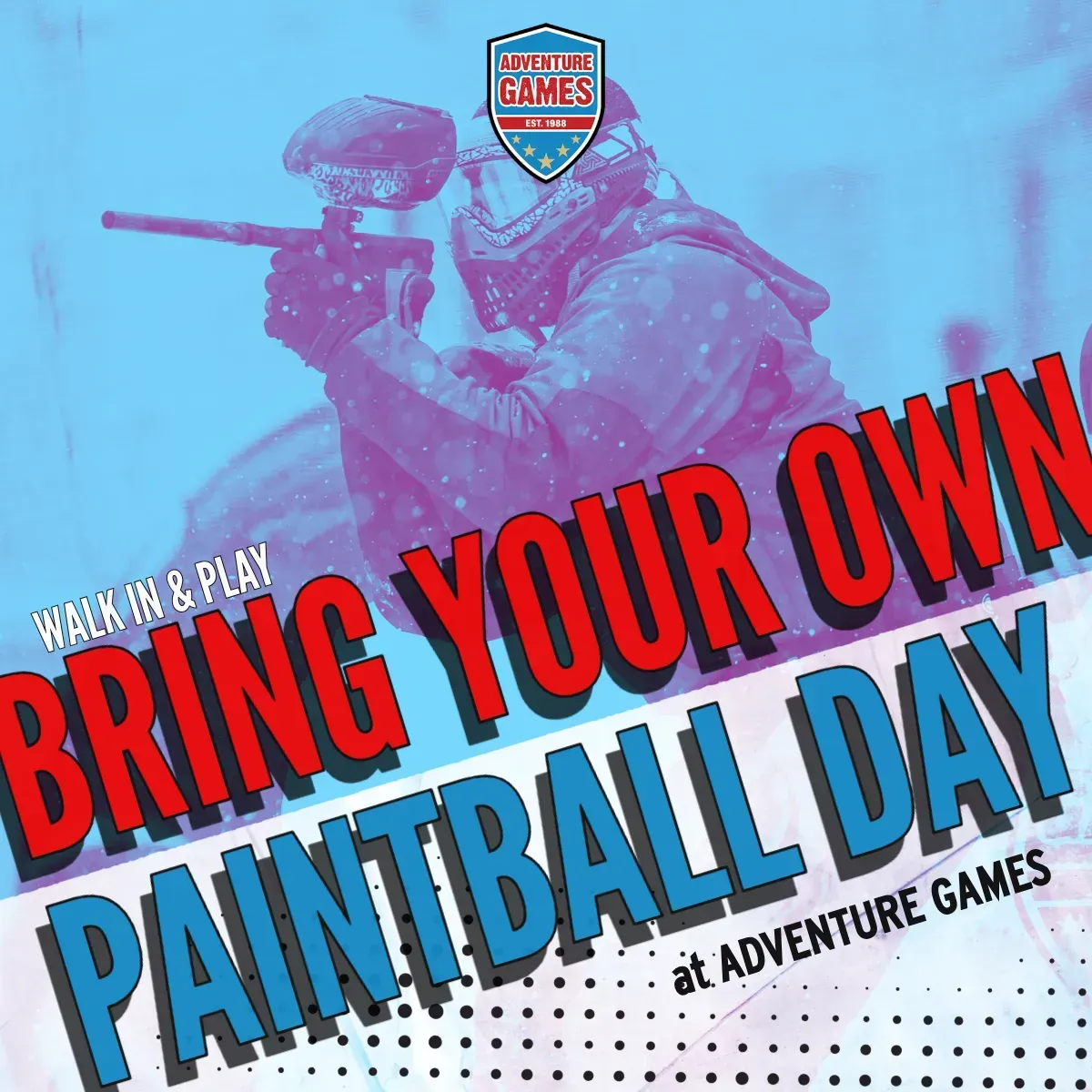 Paintball player with red/blue text: