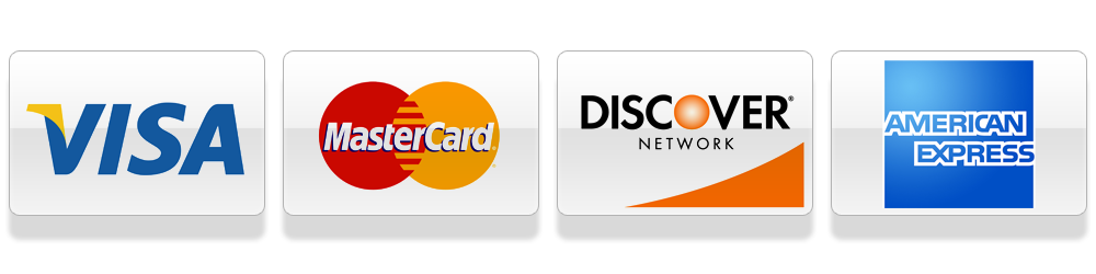 Logos of Visa, Mastercard, Discover, and American Express credit cards.
