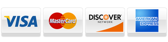 Logos of Visa, Mastercard, Discover, and American Express credit cards.