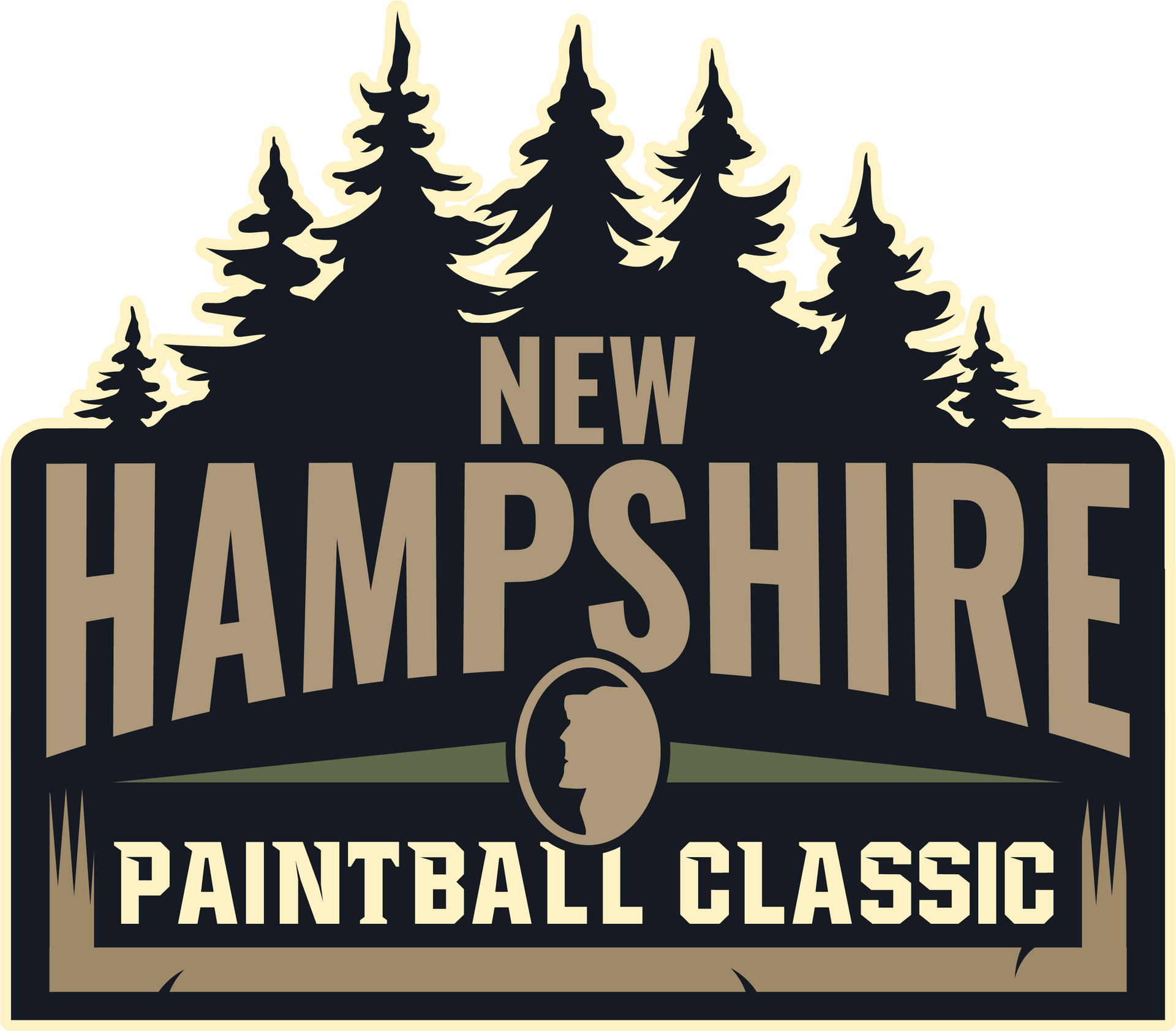 New Hampshire Paintball Classic logo with trees, a state silhouette, and text on a dark background.