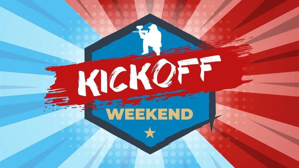 Kickoff Weekend logo with a paintball silhouette on a blue and red background with text overlay.