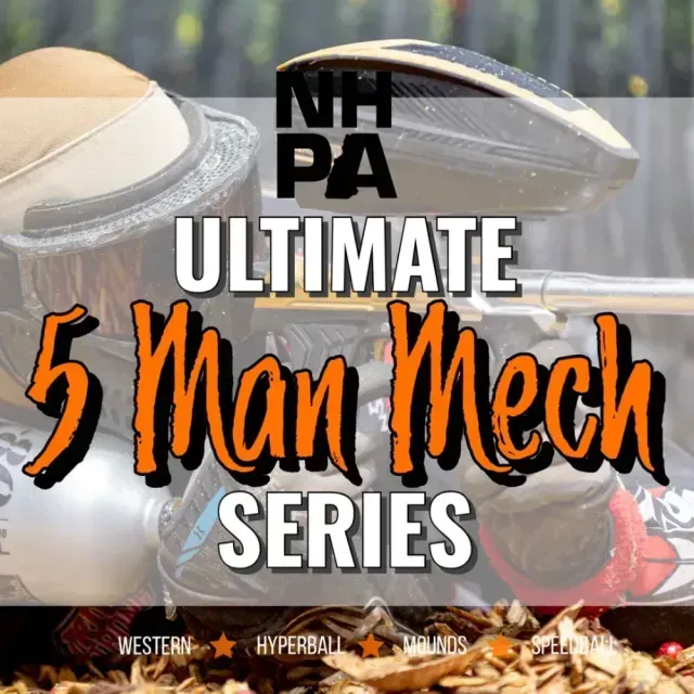 NHPA Ultimate 5 Man Mech Series logo. Close-up paintball player with an orange and white text design.