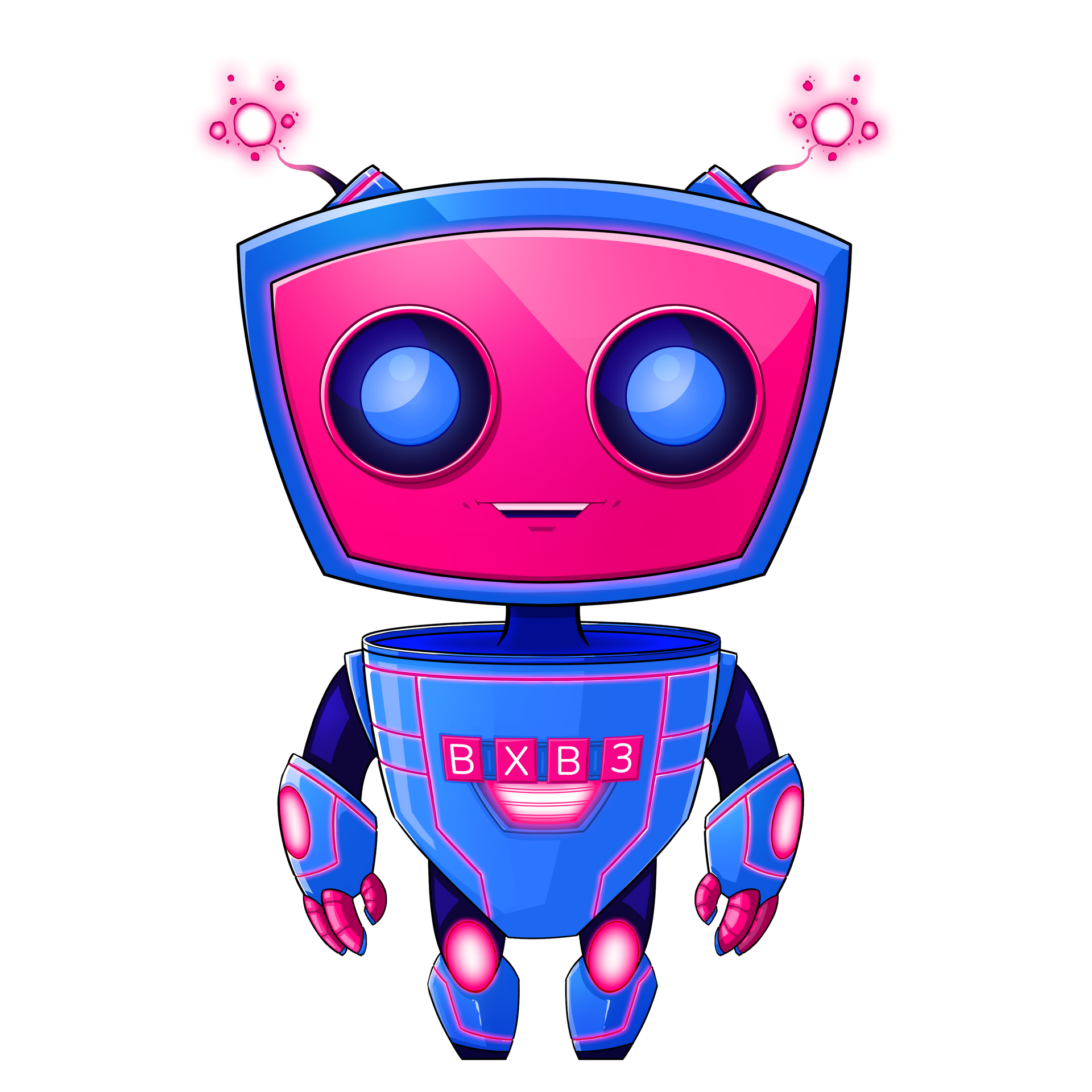 a cartoon robot with a pink head and blue eyes is standing on a white background | BXB3 Corporation | Archive Solutions in CA