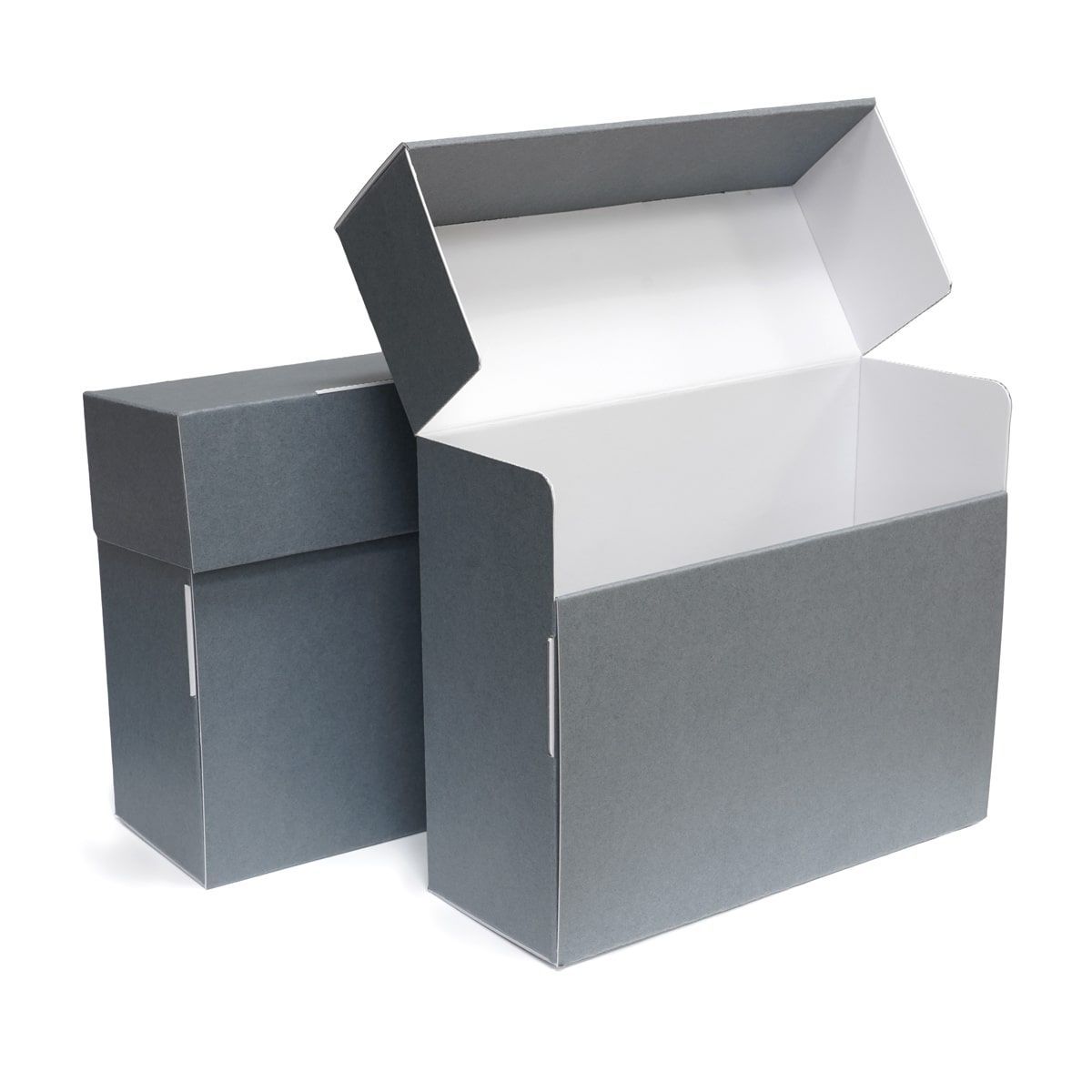 Two gray boxes with the lids open on a white background
