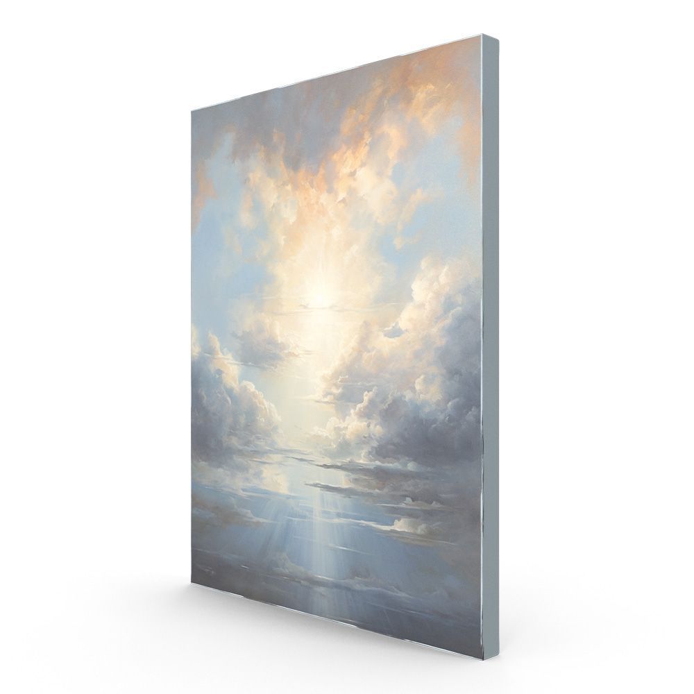 A painting of the sun shining through the clouds over the ocean.