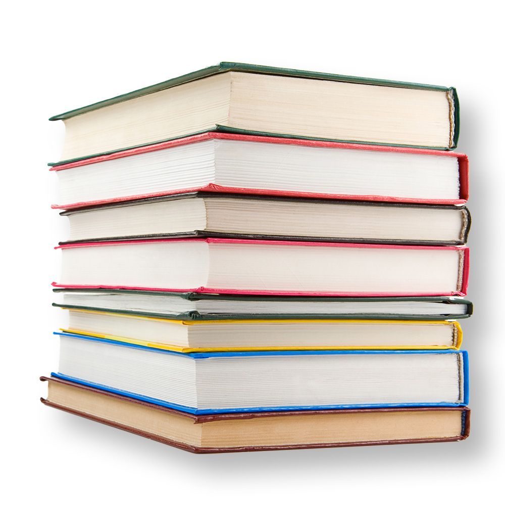 A stack of books with different colors on a white background