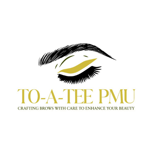 A logo for a company called to-a-tee pmu crafting brows with care to enhance your beauty.
