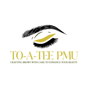A logo for a company called to-a-tee pmu crafting brows with care to enhance your beauty.