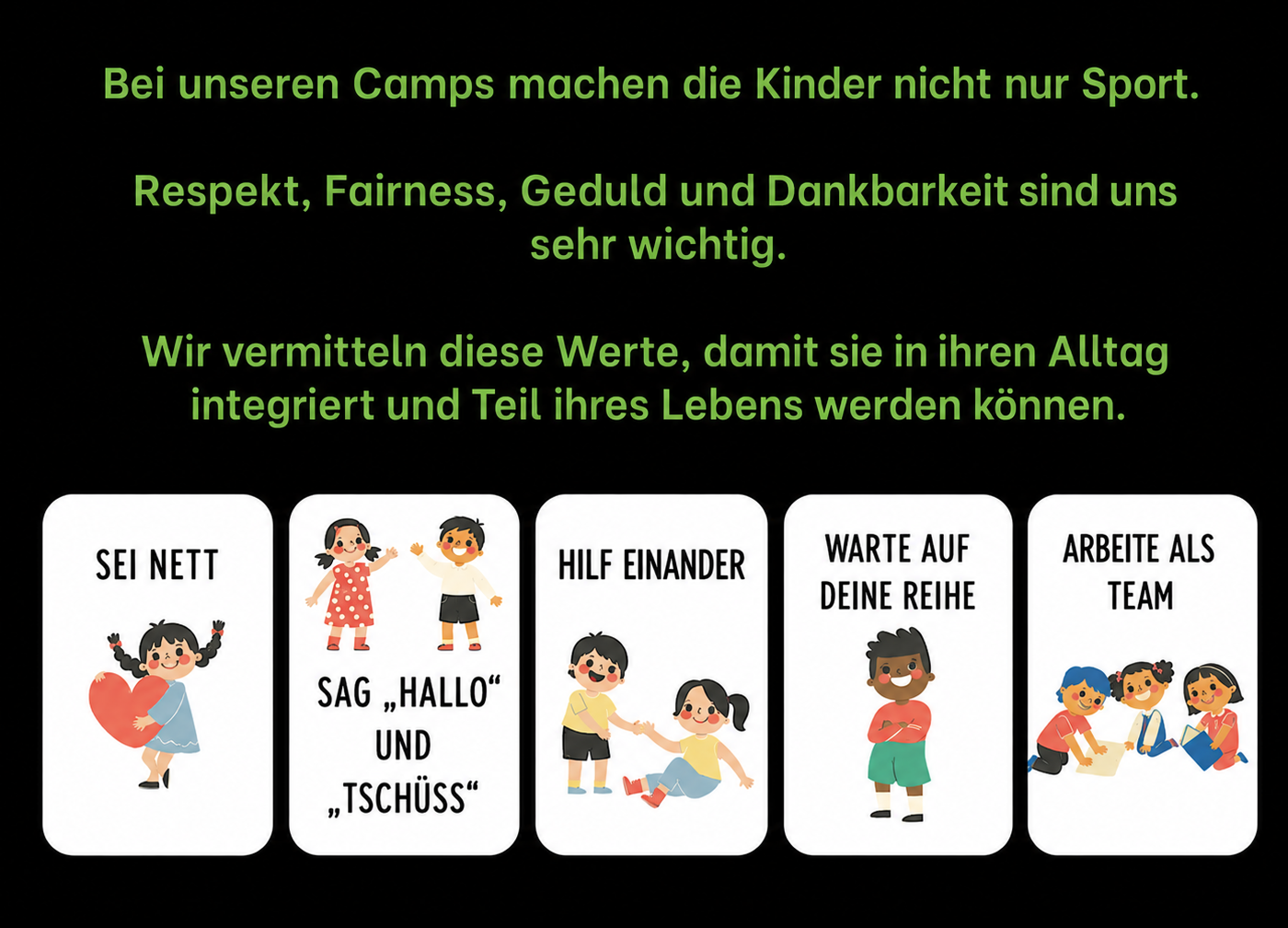 Infographic listing camp values: courtesy, respect, fairness, patience, gratitude, and five social behavior illustrations.
