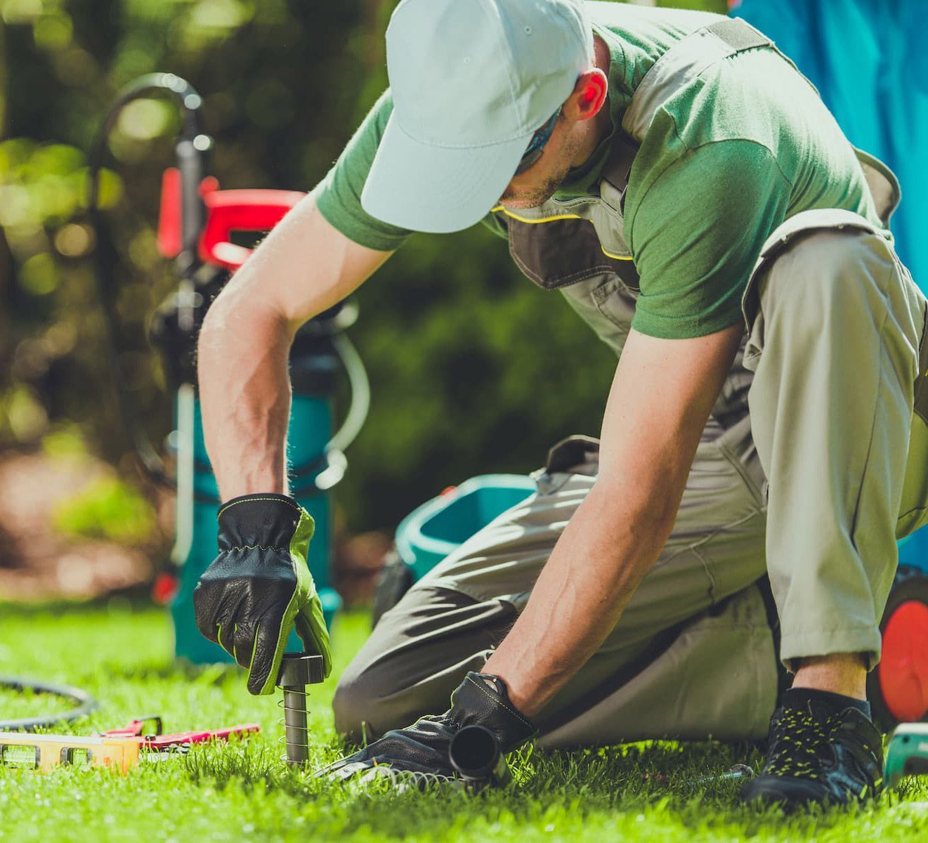 sprinkler repair technician working