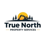 Logo for True North Property Services featuring an excavator silhouette against a yellow sun and trees on a hill.