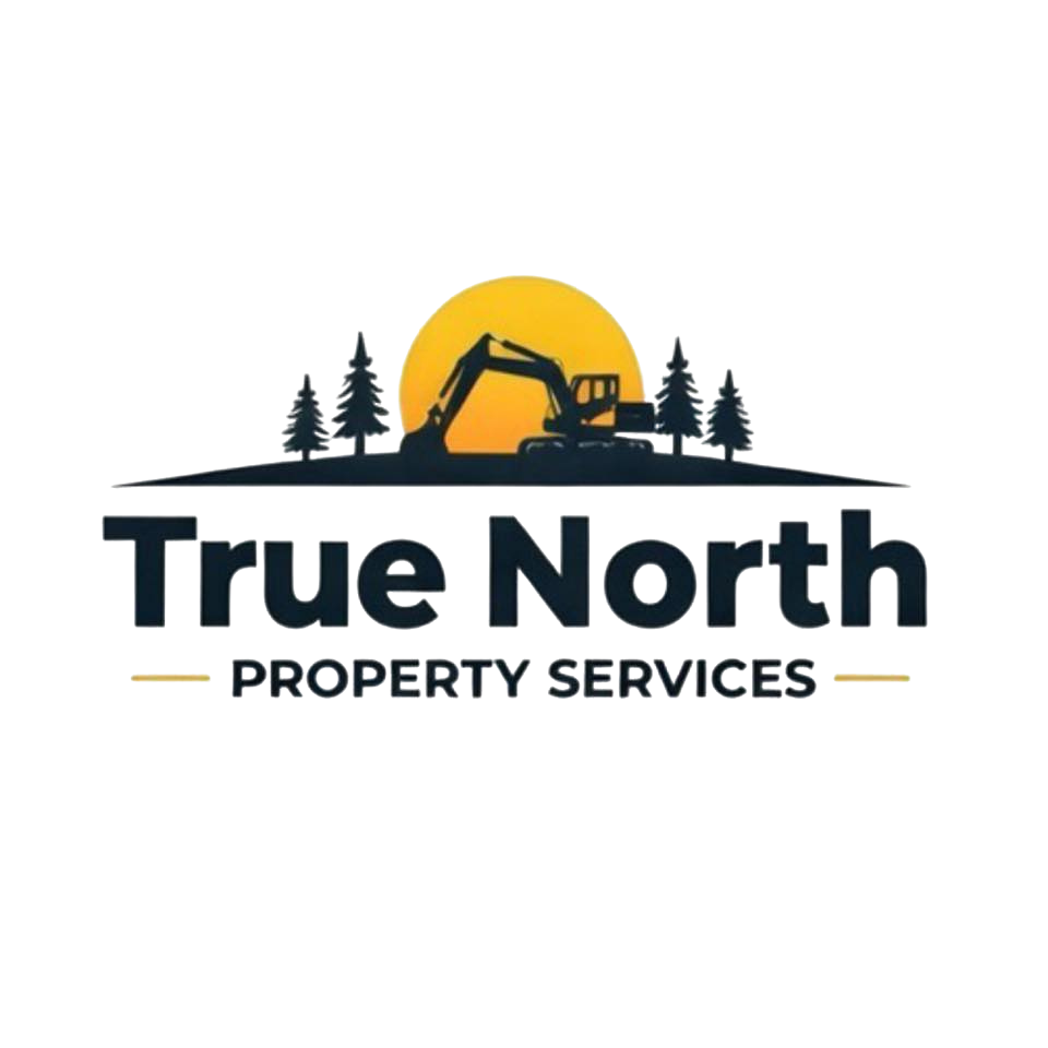 Logo for True North Property Services featuring an excavator silhouette against a yellow sun and trees on a hill.